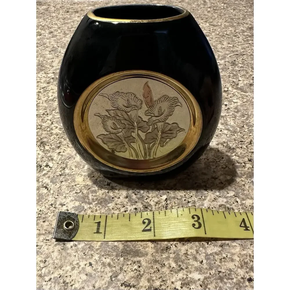 The Art of Chokin 24k Gold Trim Japanese Lcalla lilies Black Vase Vintage Chic